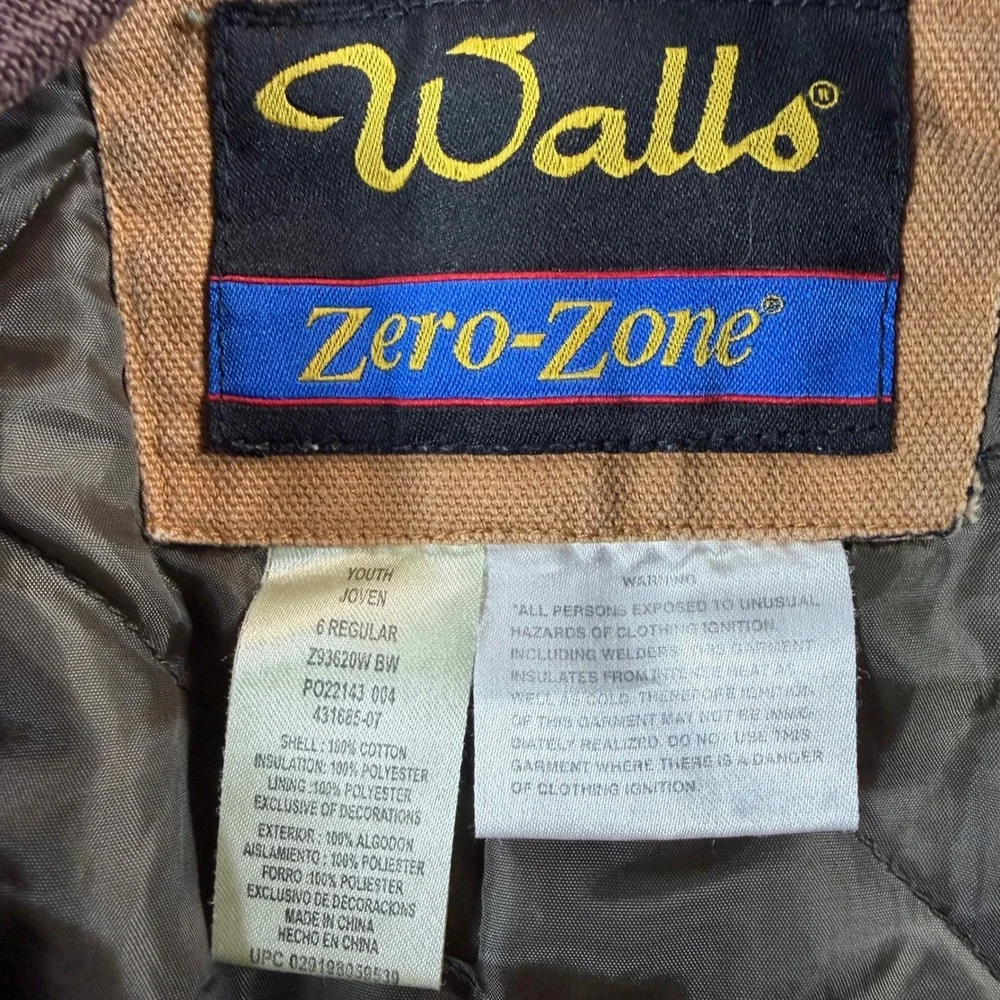 Walls Zero-Zone Youth Insulated Bib Overalls Brown Cotton Duck Z93620W Size 6 R